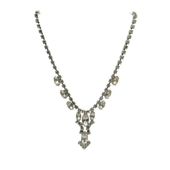 Clear Rhinestone Crystal Y Drop Necklace Hook Closure Silver Tone Vintage - Picture 1 of 4